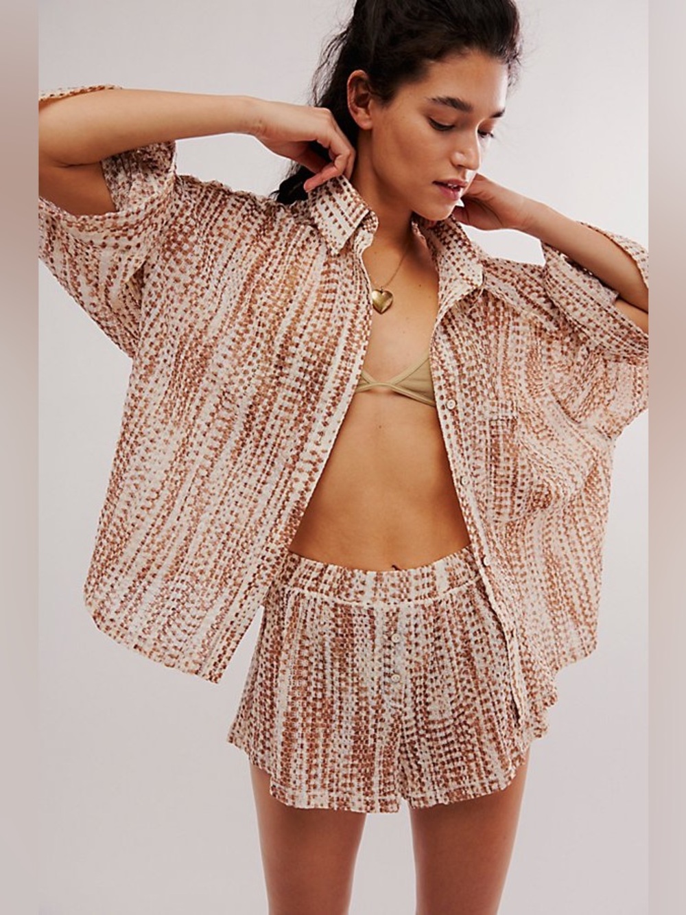 Intimately Free People Line Up Mesh Shirt Shorts Set Boho Chic Slouchy Weekend